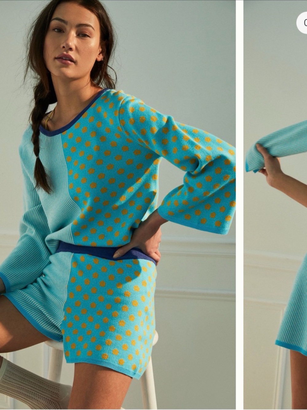 dolan Turquoise Sweater and Short Set with Mustard Polka Dots